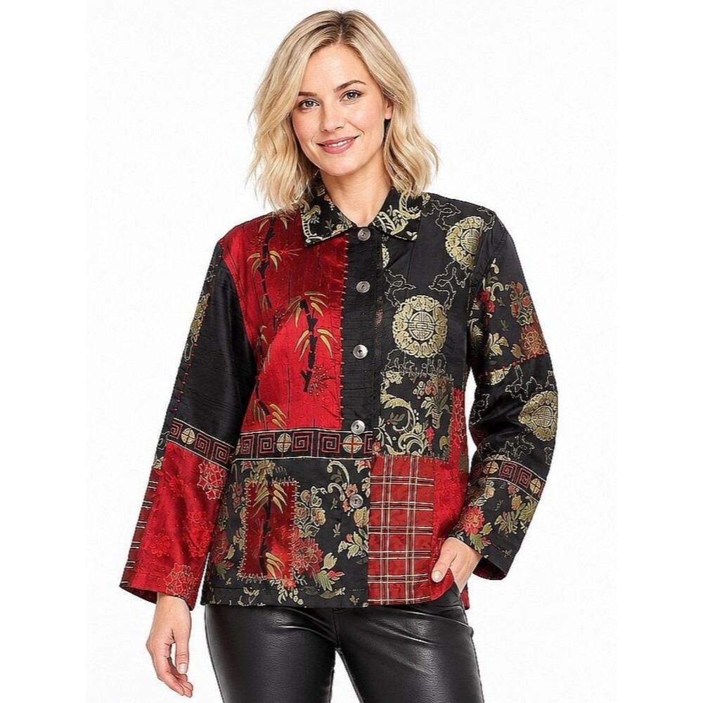 Chico's 1 M 8 10 Zen Goddess Patchwork Embroidered Metallic Silk Jacket Top